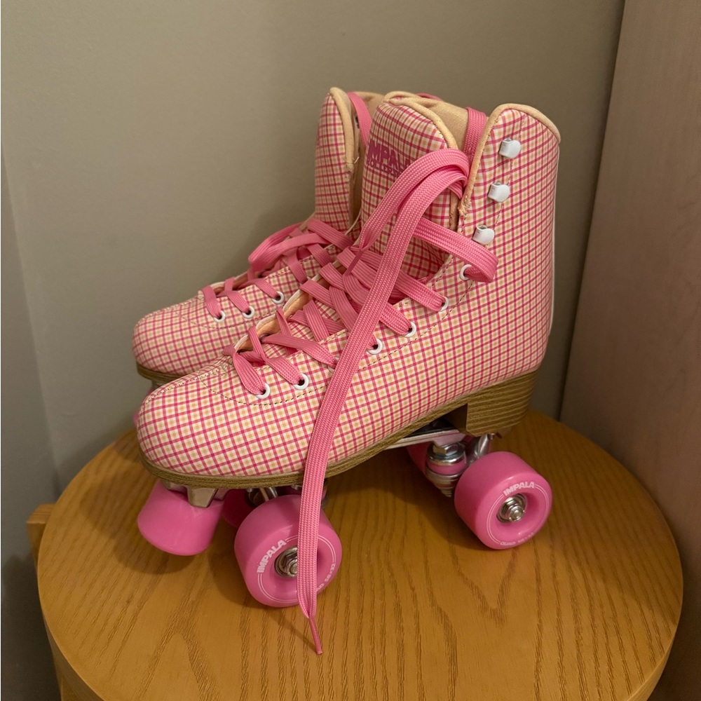Impala Pink Plaid Roller Skates and Safety Gear